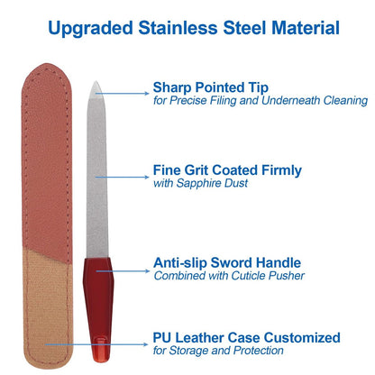3 Pack Metal Nail File with Sharp Pointed Tip and Leather Sheath Case for Natural Nails - 5 Inches Stainless Steel Manicure Double Sided Sapphire Grit Nail Filer (Silver/Brown)