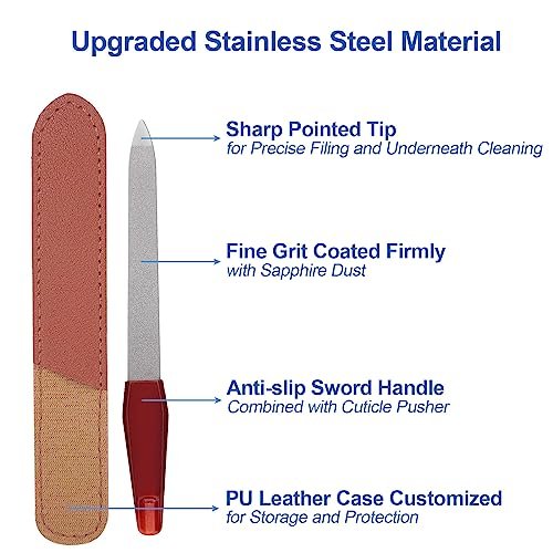 3 Pack Metal Nail File with Sharp Pointed Tip and Leather Sheath Case for Natural Nails - 5 Inches Stainless Steel Manicure Double Sided Sapphire Grit Nail Filer (Silver/Brown) - görsel 6