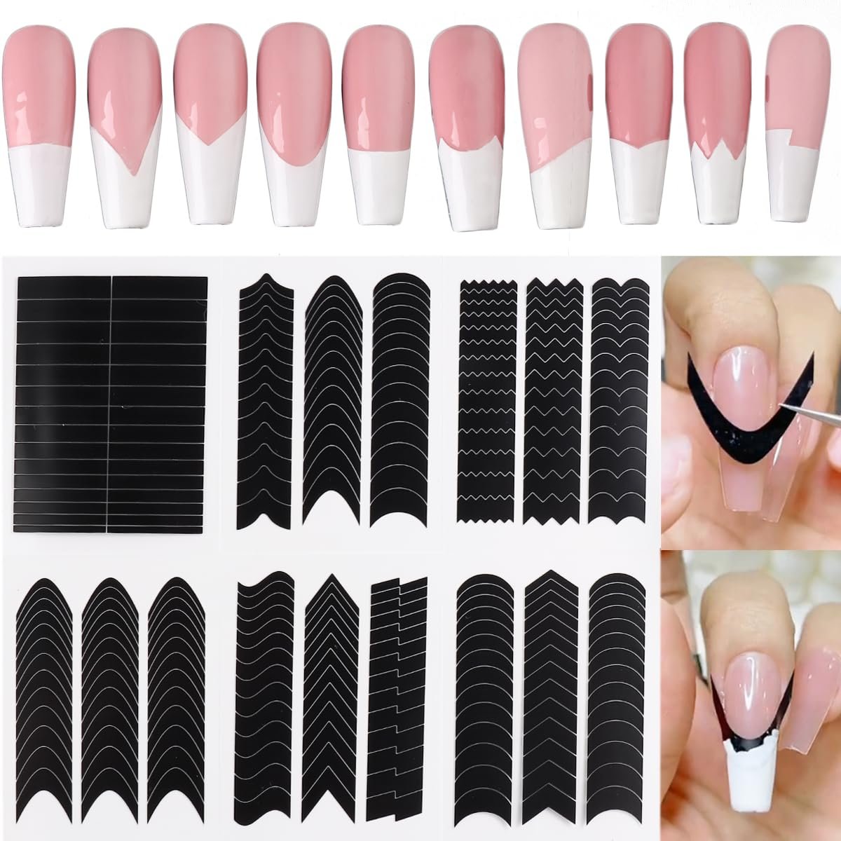 Fcozpjk French Tip Nail Stickers - 6 Sheets Self-Adhesive Nail Art Guides, Wave Lines Tape for French Manicure & Airbrush Stencils - görsel 1
