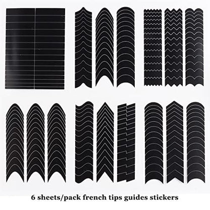 Fcozpjk French Tip Nail Stickers - 6 Sheets Self-Adhesive Nail Art Guides, Wave Lines Tape for French Manicure & Airbrush Stencils