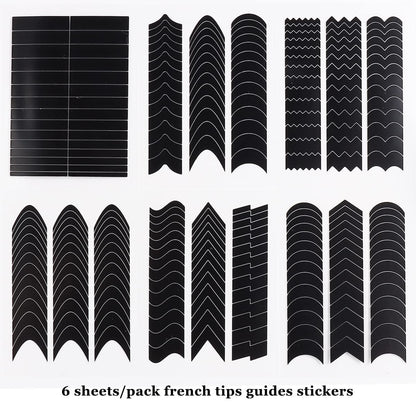 Fcozpjk French Tip Nail Stickers - 6 Sheets Self-Adhesive Nail Art Guides, Wave Lines Tape for French Manicure & Airbrush Stencils