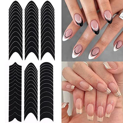 Fcozpjk French Tip Nail Stickers - 6 Sheets Self-Adhesive Nail Art Guides, Wave Lines Tape for French Manicure & Airbrush Stencils