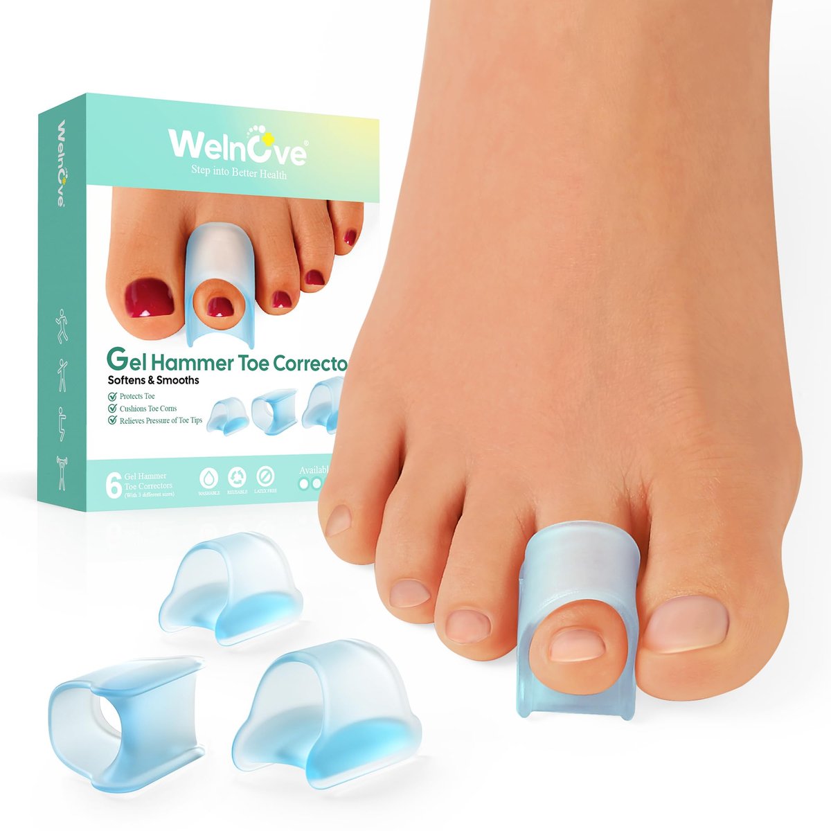 Welnove Hammertoe Corrector - 6 PCS Toe Splints Realign Bent, Curled, Crooked, Claw, Hammer Toes - Toe Straighteners for Men and Women, Blue - görsel 1