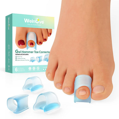 Welnove Hammertoe Corrector - 6 PCS Toe Splints Realign Bent, Curled, Crooked, Claw, Hammer Toes - Toe Straighteners for Men and Women, Blue
