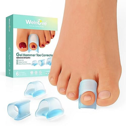 Welnove Hammertoe Corrector - 6 PCS Toe Splints Realign Bent, Curled, Crooked, Claw, Hammer Toes - Toe Straighteners for Men and Women, Blue