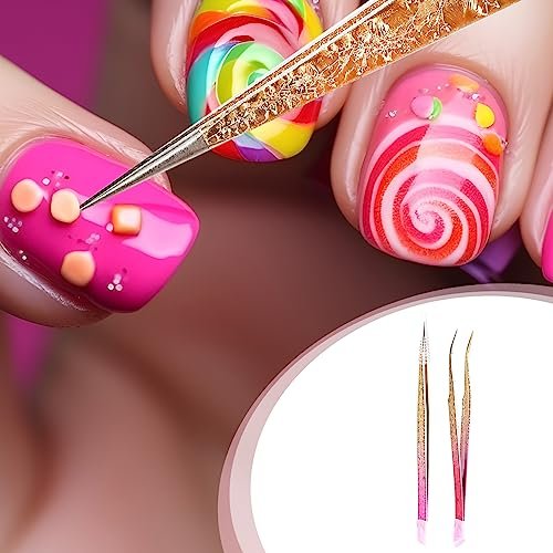 Ouligay 2Pcs Double Ended Nail Art Tweezers - Stainless Steel Straight & Curved Tip with Silicone Pressing Head for Nail Crafts, Rhinestone, Jewel, Gem Picker Tool (Pink) - görsel 7