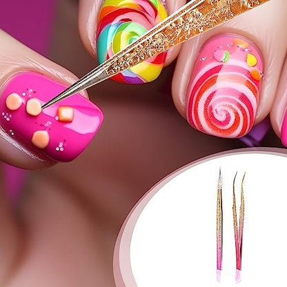 Ouligay 2Pcs Double Ended Nail Art Tweezers - Stainless Steel Straight & Curved Tip with Silicone Pressing Head for Nail Crafts, Rhinestone, Jewel, Gem Picker Tool (Pink)