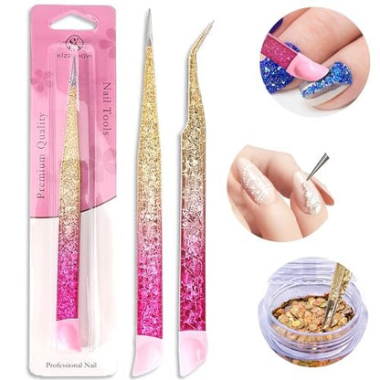 Ouligay 2Pcs Double Ended Nail Art Tweezers - Stainless Steel Straight & Curved Tip with Silicone Pressing Head for Nail Crafts, Rhinestone, Jewel, Gem Picker Tool (Pink)
