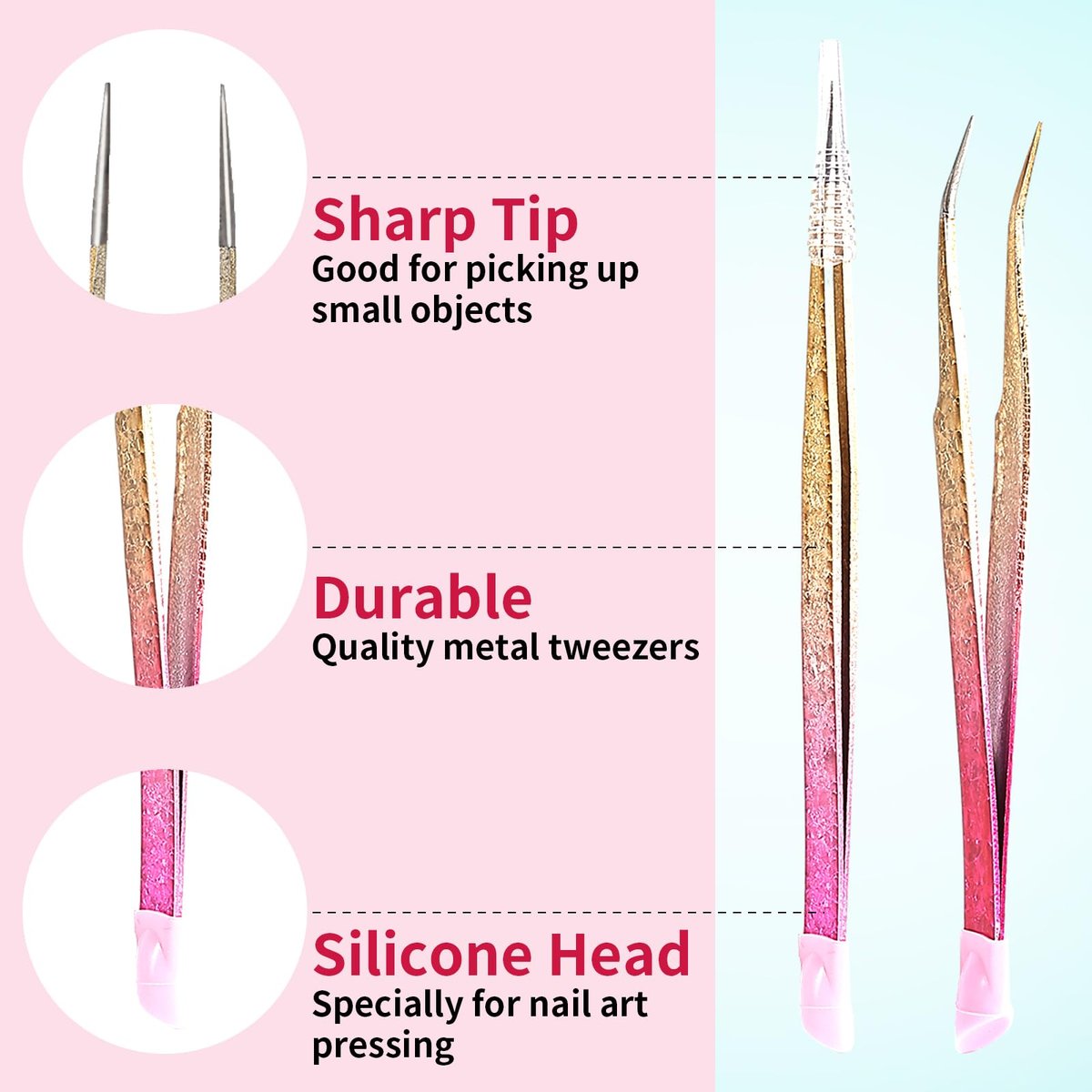 Ouligay 2Pcs Double Ended Nail Art Tweezers - Stainless Steel Straight & Curved Tip with Silicone Pressing Head for Nail Crafts, Rhinestone, Jewel, Gem Picker Tool (Pink) - görsel 10