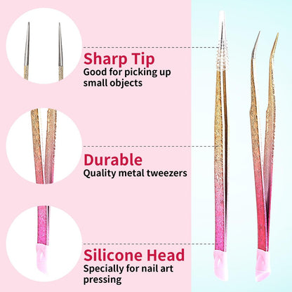 Ouligay 2Pcs Double Ended Nail Art Tweezers - Stainless Steel Straight & Curved Tip with Silicone Pressing Head for Nail Crafts, Rhinestone, Jewel, Gem Picker Tool (Pink)