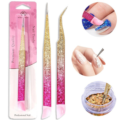 Ouligay 2Pcs Double Ended Nail Art Tweezers - Stainless Steel Straight & Curved Tip with Silicone Pressing Head for Nail Crafts, Rhinestone, Jewel, Gem Picker Tool (Pink)