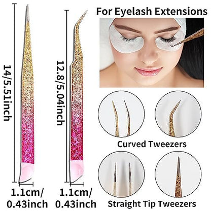 Ouligay 2Pcs Double Ended Nail Art Tweezers - Stainless Steel Straight & Curved Tip with Silicone Pressing Head for Nail Crafts, Rhinestone, Jewel, Gem Picker Tool (Pink)