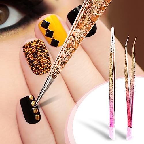 Ouligay 2Pcs Double Ended Nail Art Tweezers - Stainless Steel Straight & Curved Tip with Silicone Pressing Head for Nail Crafts, Rhinestone, Jewel, Gem Picker Tool (Pink) - görsel 11