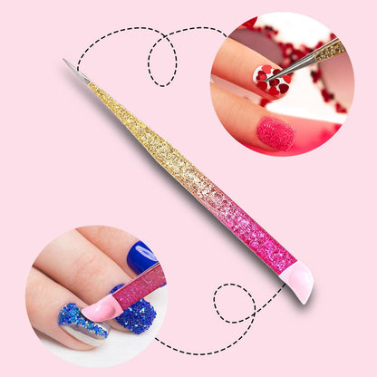 Ouligay 2Pcs Double Ended Nail Art Tweezers - Stainless Steel Straight & Curved Tip with Silicone Pressing Head for Nail Crafts, Rhinestone, Jewel, Gem Picker Tool (Pink)