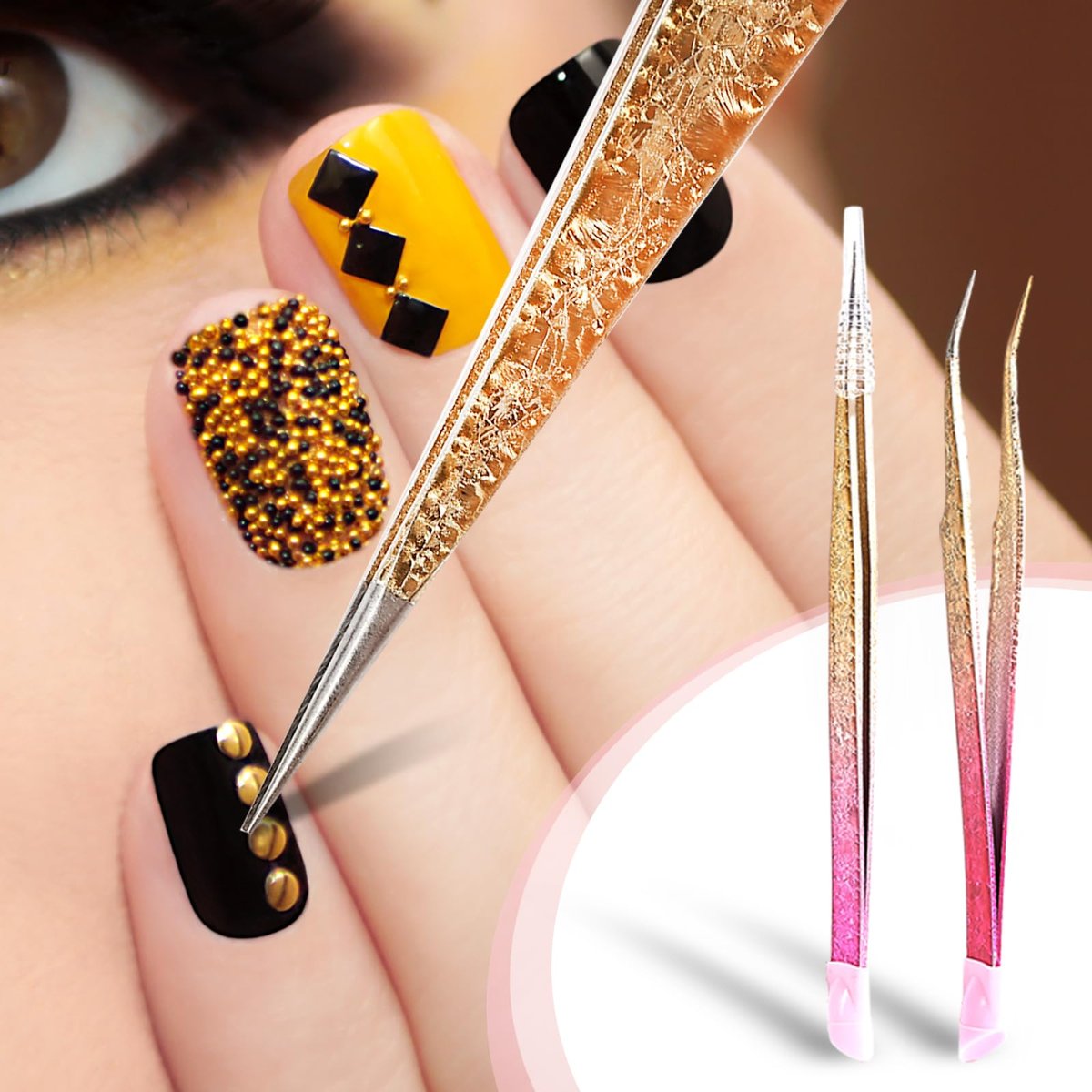 Ouligay 2Pcs Double Ended Nail Art Tweezers - Stainless Steel Straight & Curved Tip with Silicone Pressing Head for Nail Crafts, Rhinestone, Jewel, Gem Picker Tool (Pink) - görsel 12