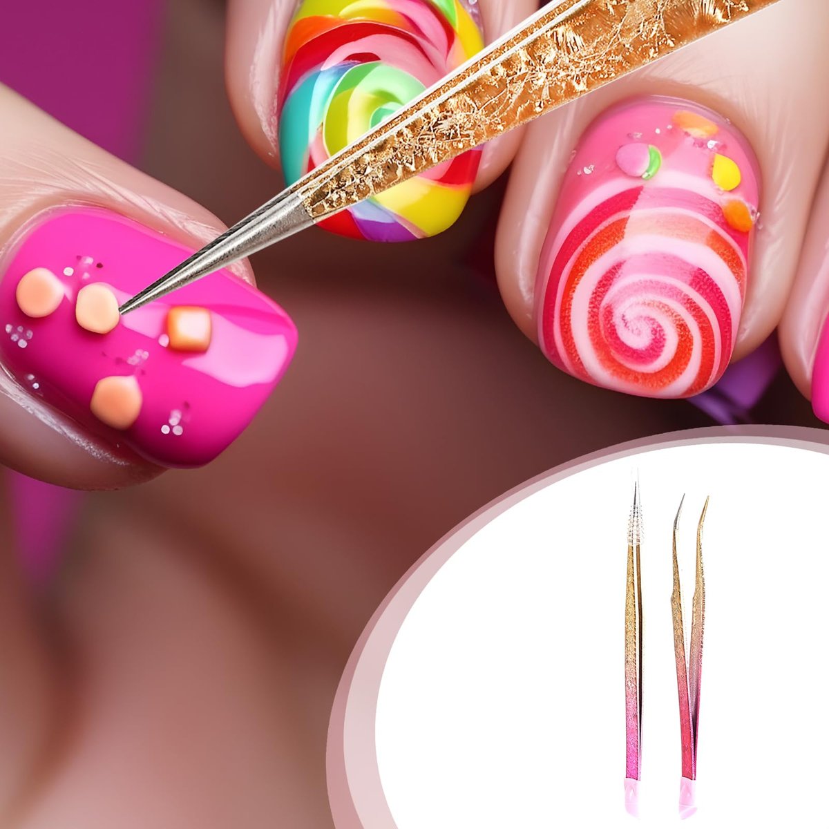 Ouligay 2Pcs Double Ended Nail Art Tweezers - Stainless Steel Straight & Curved Tip with Silicone Pressing Head for Nail Crafts, Rhinestone, Jewel, Gem Picker Tool (Pink) - görsel 8
