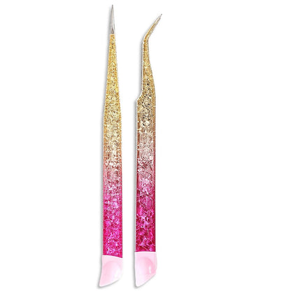 Ouligay 2Pcs Double Ended Nail Art Tweezers - Stainless Steel Straight & Curved Tip with Silicone Pressing Head for Nail Crafts, Rhinestone, Jewel, Gem Picker Tool (Pink)