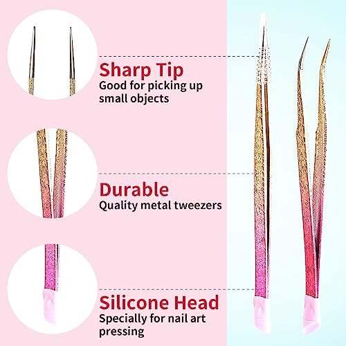 Ouligay 2Pcs Double Ended Nail Art Tweezers - Stainless Steel Straight & Curved Tip with Silicone Pressing Head for Nail Crafts, Rhinestone, Jewel, Gem Picker Tool (Pink) - görsel 9