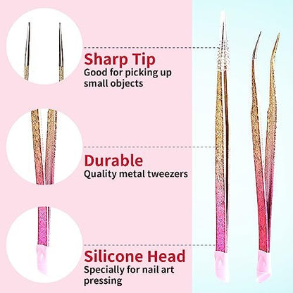 Ouligay 2Pcs Double Ended Nail Art Tweezers - Stainless Steel Straight & Curved Tip with Silicone Pressing Head for Nail Crafts, Rhinestone, Jewel, Gem Picker Tool (Pink)