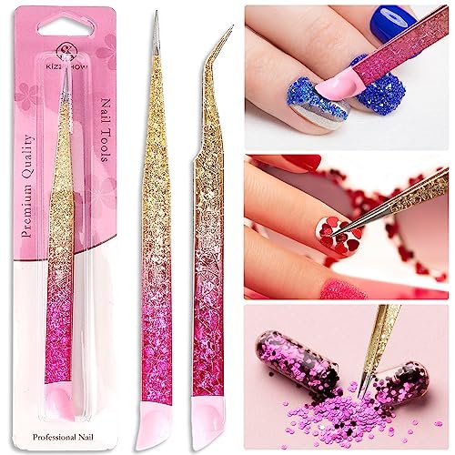 Ouligay 2Pcs Double Ended Nail Art Tweezers - Stainless Steel Straight & Curved Tip with Silicone Pressing Head for Nail Crafts, Rhinestone, Jewel, Gem Picker Tool (Pink) - görsel 13