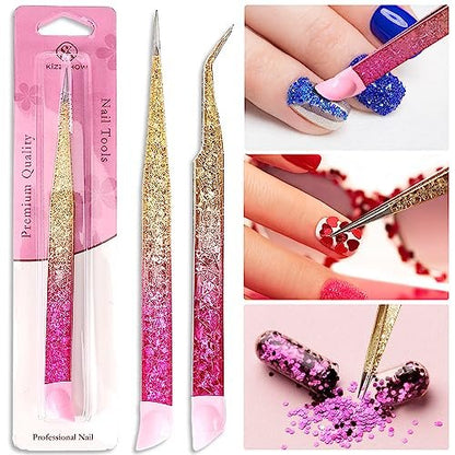 Ouligay 2Pcs Double Ended Nail Art Tweezers - Stainless Steel Straight & Curved Tip with Silicone Pressing Head for Nail Crafts, Rhinestone, Jewel, Gem Picker Tool (Pink)