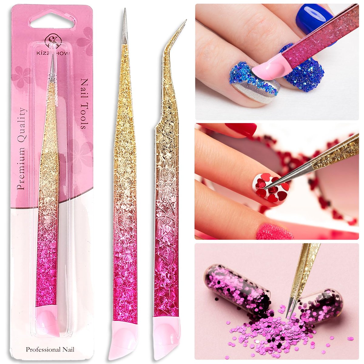 Ouligay 2Pcs Double Ended Nail Art Tweezers - Stainless Steel Straight & Curved Tip with Silicone Pressing Head for Nail Crafts, Rhinestone, Jewel, Gem Picker Tool (Pink) - görsel 14