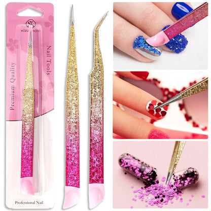 Ouligay 2Pcs Double Ended Nail Art Tweezers - Stainless Steel Straight & Curved Tip with Silicone Pressing Head for Nail Crafts, Rhinestone, Jewel, Gem Picker Tool (Pink)