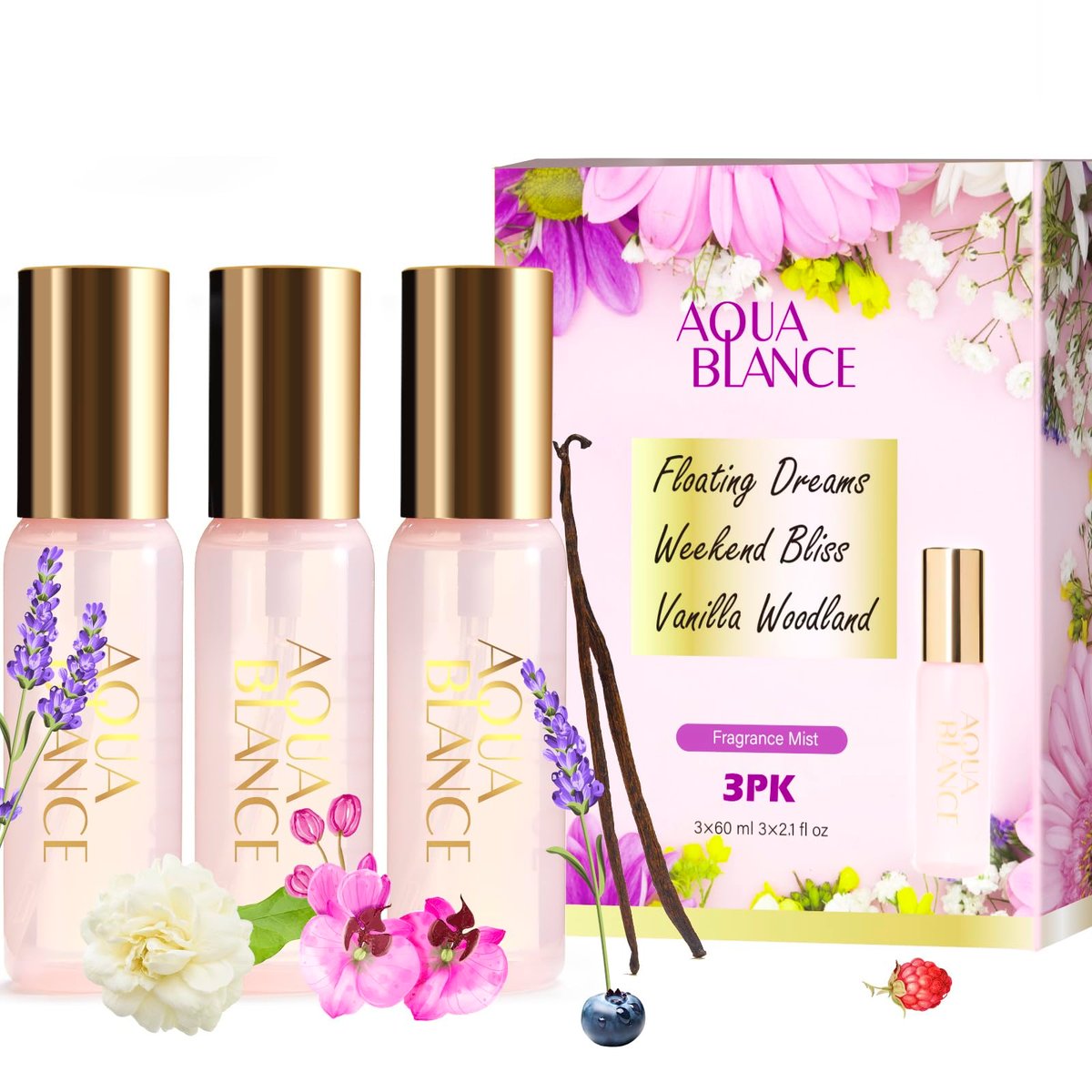 AQUA BLANCE Body Spray Set for Women - Travel Size Fragrance Body Spray, 3 Scents (Vanilla Woodland, Lavender, Jasmine Raspberry), 60ml Each - görsel 1