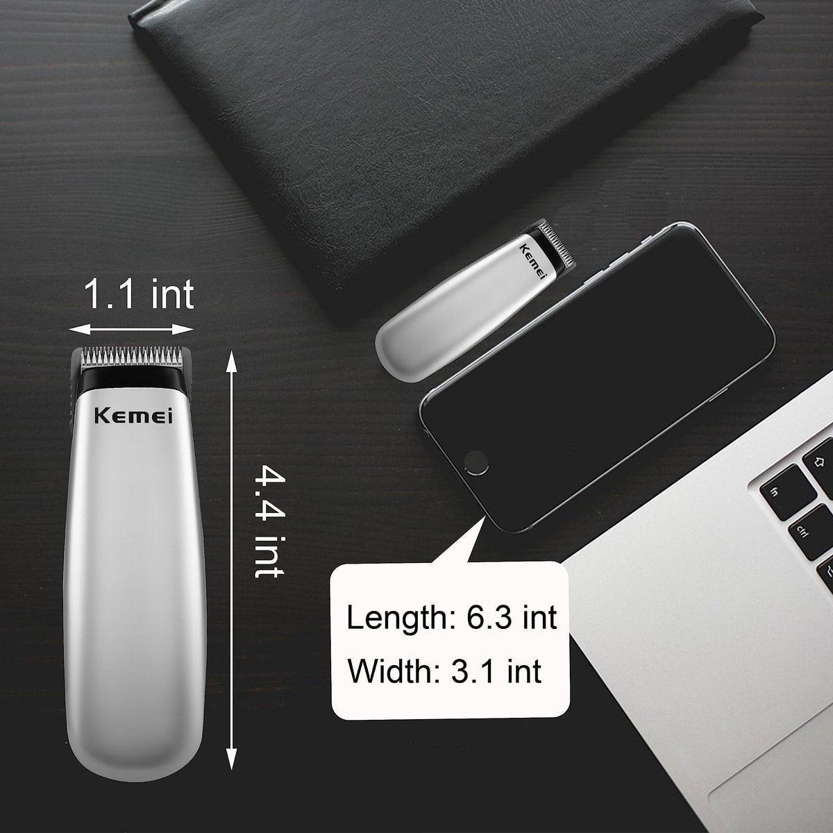 KEMEI Mini Hair Trimmer - Compact Cordless Clipper for Precision Haircuts and Shaving, Battery Powered, Travel Friendly (Silver) Avelisse