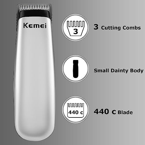KEMEI Mini Hair Trimmer - Compact Cordless Clipper for Precision Haircuts and Shaving, Battery Powered, Travel Friendly (Silver) Avelisse