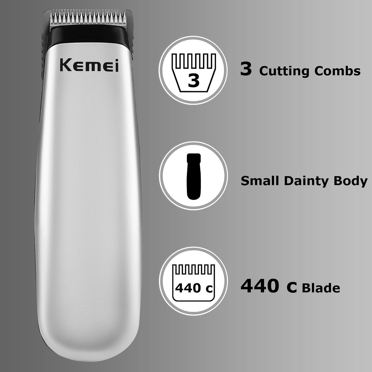 KEMEI Mini Hair Trimmer - Compact Cordless Clipper for Precision Haircuts and Shaving, Battery Powered, Travel Friendly (Silver) Avelisse
