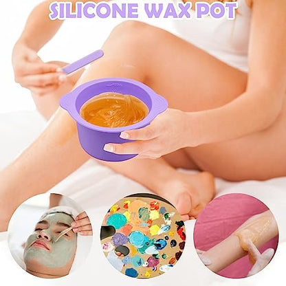 2-Pack Silicone Wax Warmer Liners with Spatula Sticks – Reusable Non-Stick Wax Bowl for Hair Removal (Purple & Pink)