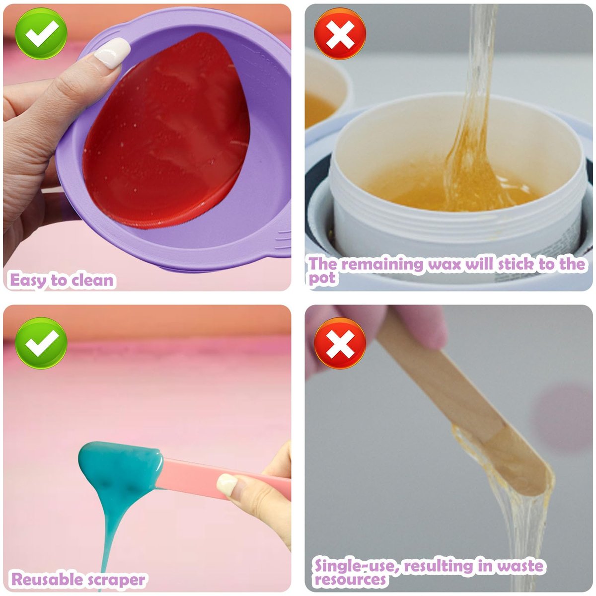 2-Pack Silicone Wax Warmer Liners with Spatula Sticks – Reusable Non-Stick Wax Bowl for Hair Removal (Purple & Pink) - görsel 11