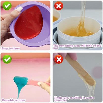 2-Pack Silicone Wax Warmer Liners with Spatula Sticks – Reusable Non-Stick Wax Bowl for Hair Removal (Purple & Pink)
