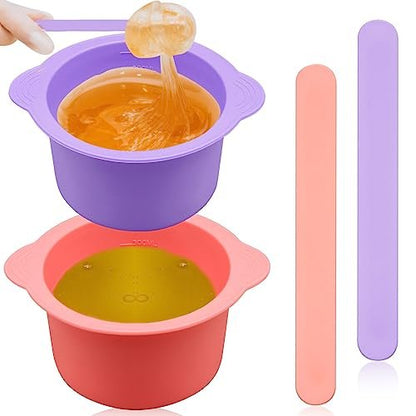2-Pack Silicone Wax Warmer Liners with Spatula Sticks – Reusable Non-Stick Wax Bowl for Hair Removal (Purple & Pink)