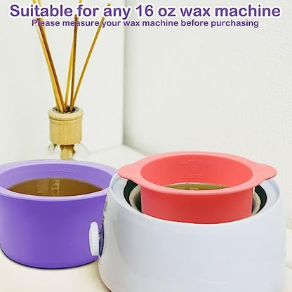2-Pack Silicone Wax Warmer Liners with Spatula Sticks – Reusable Non-Stick Wax Bowl for Hair Removal (Purple & Pink)