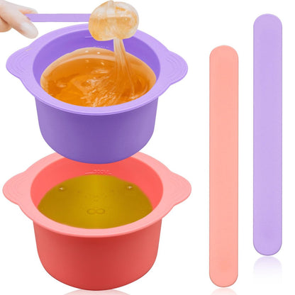 2-Pack Silicone Wax Warmer Liners with Spatula Sticks – Reusable Non-Stick Wax Bowl for Hair Removal (Purple & Pink)