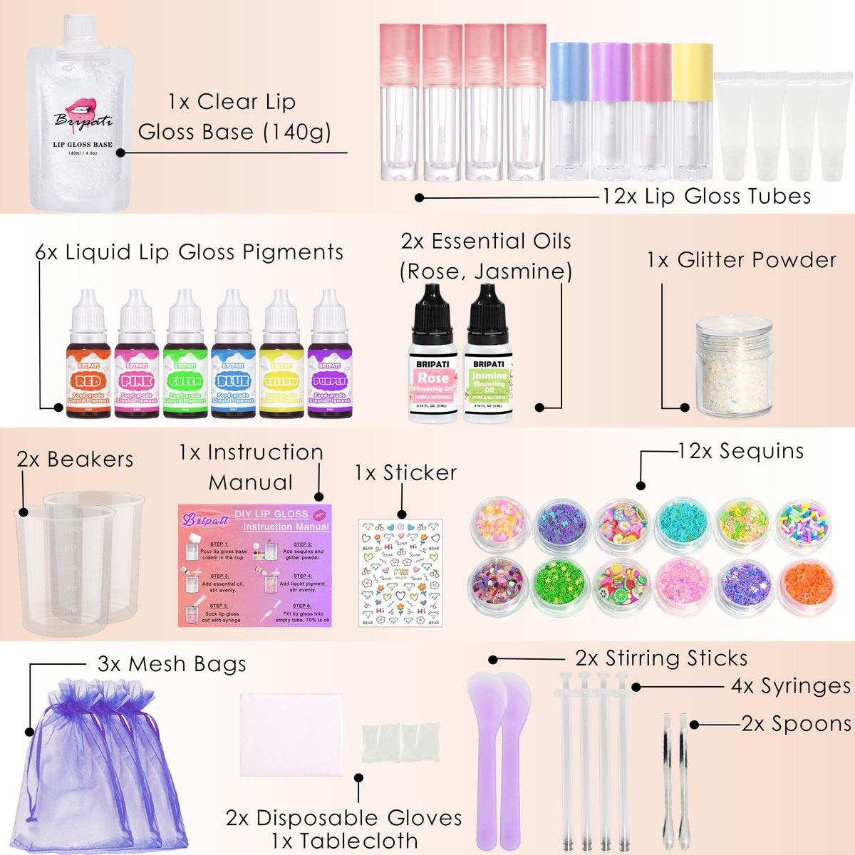 BRIPATI DIY Lip Gloss Making Kit - All-in-One Set with Clear Base, Pigments, Glitter, Tubes - Creative Gift for Women, Girls, Makeup Lovers for Christmas, Birthdays Avelisse