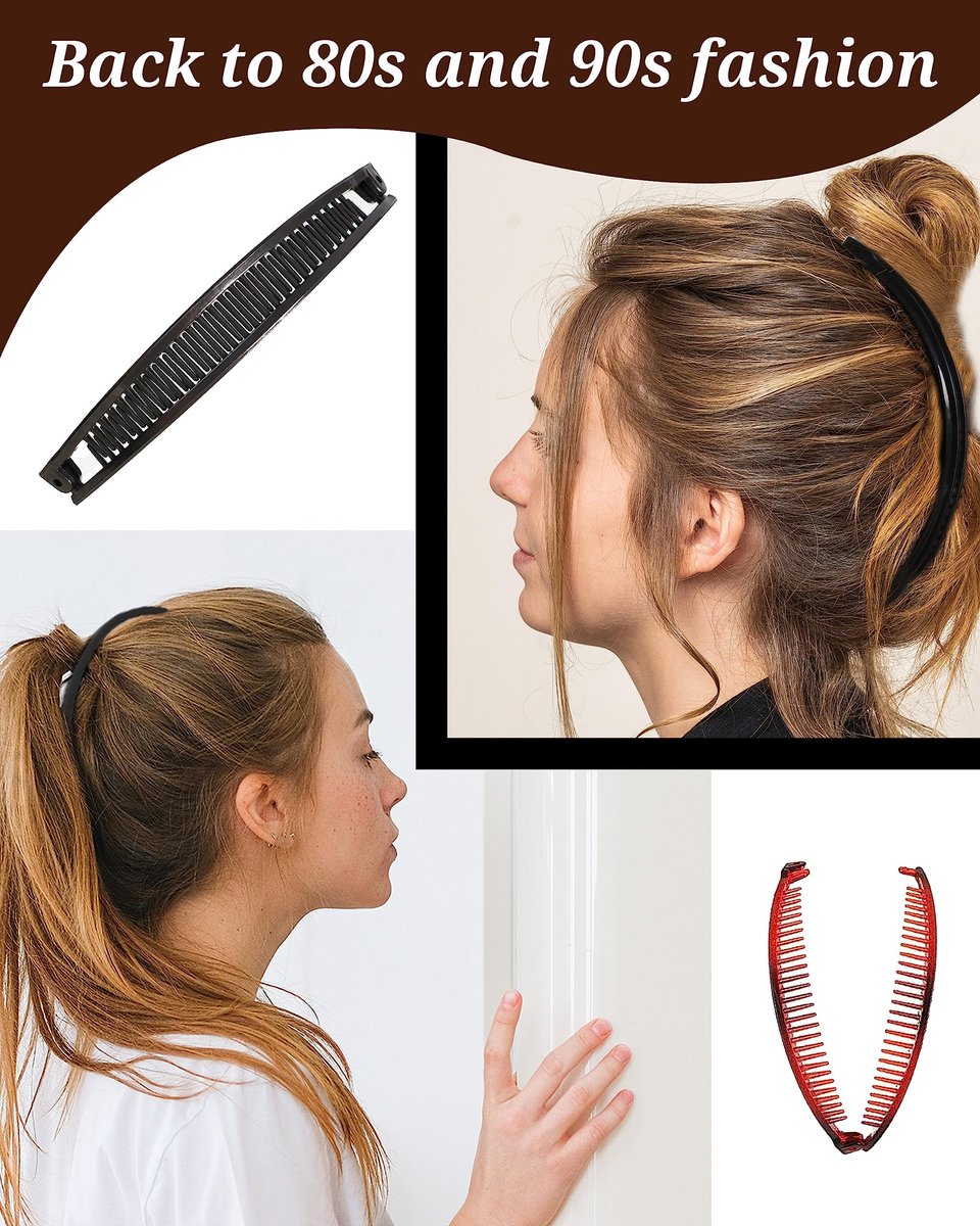 12 Pieces Banana Clip Set - Vintage Classic Clincher Combs for Women, 90s Retro Fish Shape Ponytail Holder Hair Accessories (Black, White, Coffee, Dark Red) - görsel 9