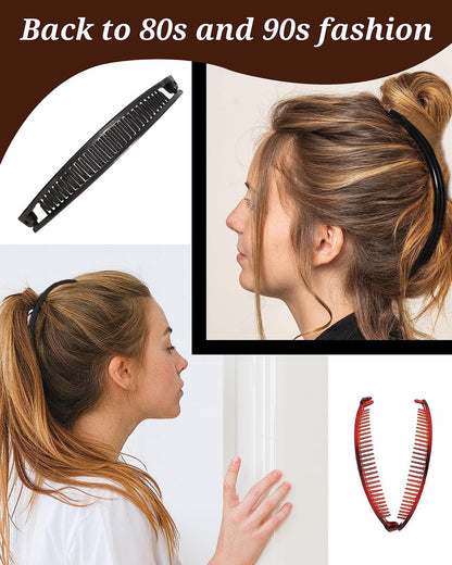 12 Pieces Banana Clip Set - Vintage Classic Clincher Combs for Women, 90s Retro Fish Shape Ponytail Holder Hair Accessories (Black, White, Coffee, Dark Red)