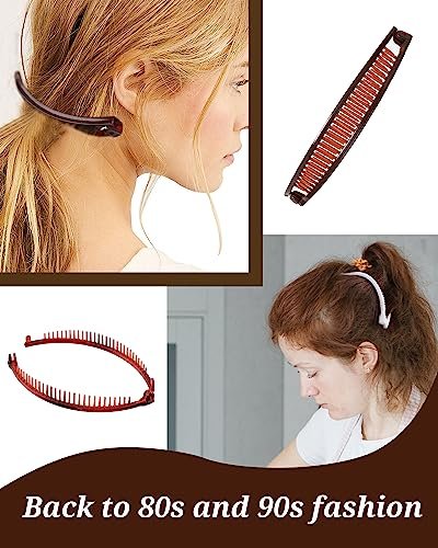 12 Pieces Banana Clip Set - Vintage Classic Clincher Combs for Women, 90s Retro Fish Shape Ponytail Holder Hair Accessories (Black, White, Coffee, Dark Red)