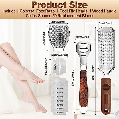 53pcs Foot File Callus Remover - Stainless Steel Large Foot Rasp with 50 Replacement Blades & 1 Foot File Head for Wet and Dry Feet