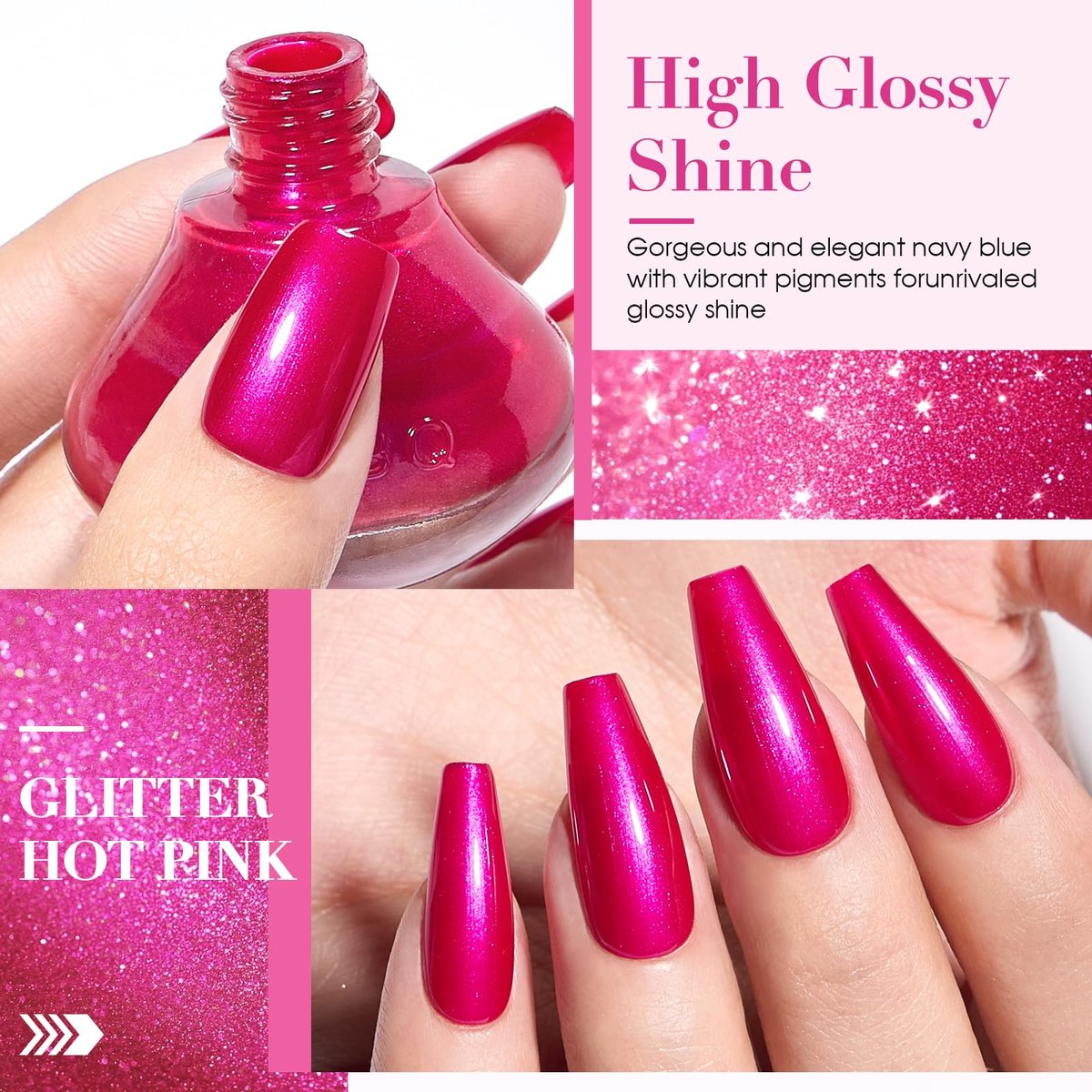 COSMOO Hot Pink Nail Polish - Quick Dry, Super Lustrous Shimmer Nail Lacquer 12ml - görsel 3
