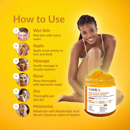 Nasola Kojic Acid Turmeric Face and Body Scrub – Moisturizing & Exfoliating Sugar Scrub with Shea Butter & Oils for All Skin Types, 10.22 oz Avelisse