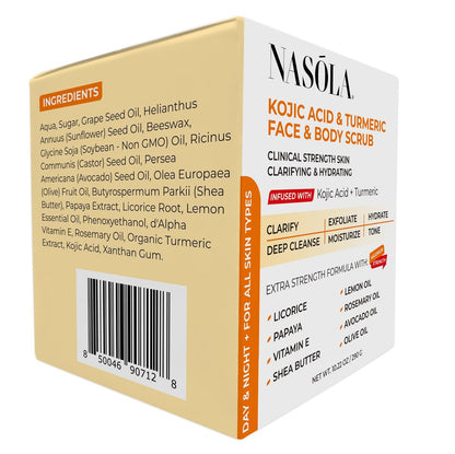 Nasola Kojic Acid Turmeric Face and Body Scrub – Moisturizing & Exfoliating Sugar Scrub with Shea Butter & Oils for All Skin Types, 10.22 oz Avelisse