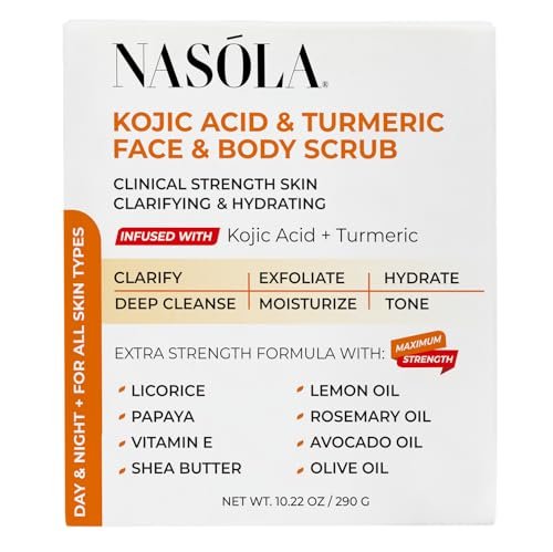 Nasola Kojic Acid Turmeric Face and Body Scrub – Moisturizing & Exfoliating Sugar Scrub with Shea Butter & Oils for All Skin Types, 10.22 oz Avelisse