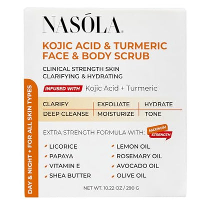 Nasola Kojic Acid Turmeric Face and Body Scrub – Moisturizing & Exfoliating Sugar Scrub with Shea Butter & Oils for All Skin Types, 10.22 oz Avelisse