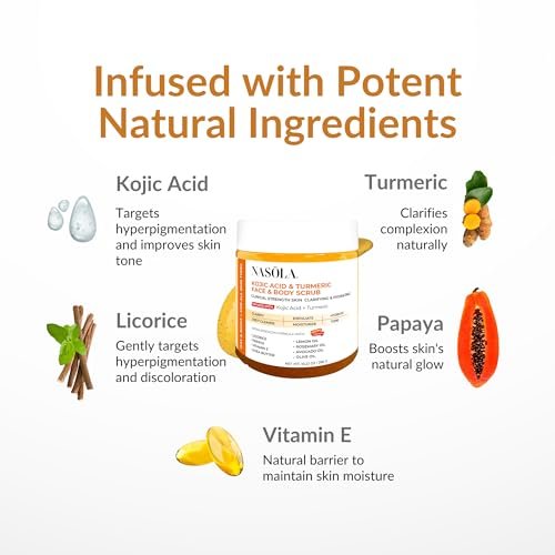 Nasola Kojic Acid Turmeric Face and Body Scrub – Moisturizing & Exfoliating Sugar Scrub with Shea Butter & Oils for All Skin Types, 10.22 oz Avelisse