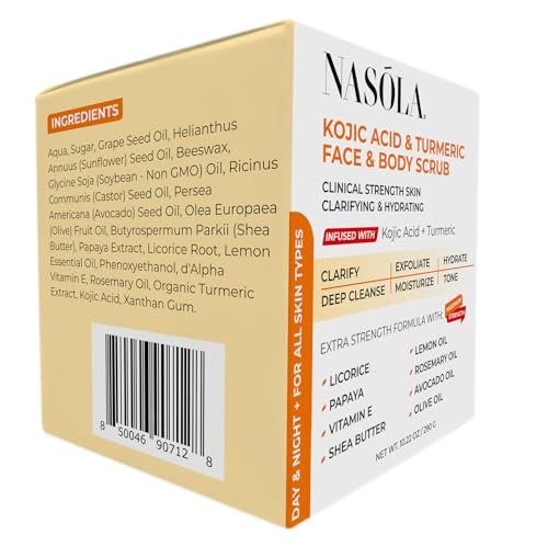 Nasola Kojic Acid Turmeric Face and Body Scrub – Moisturizing & Exfoliating Sugar Scrub with Shea Butter & Oils for All Skin Types, 10.22 oz Avelisse