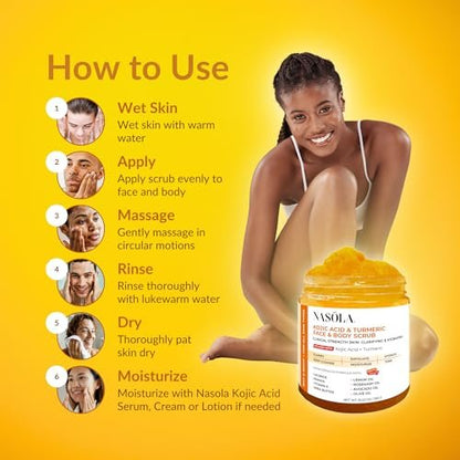 Nasola Kojic Acid Turmeric Face and Body Scrub – Moisturizing & Exfoliating Sugar Scrub with Shea Butter & Oils for All Skin Types, 10.22 oz Avelisse